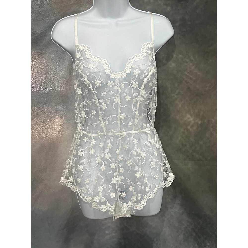 Mapale White Floral Embroidered Lace Teddy‎ Bodysuit Romper Sheer Bridal Medium